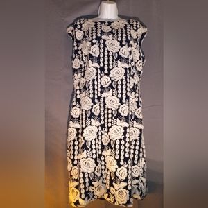 COPY - Ralph Lauren white floral applique over dark navy mesh below knee dress …